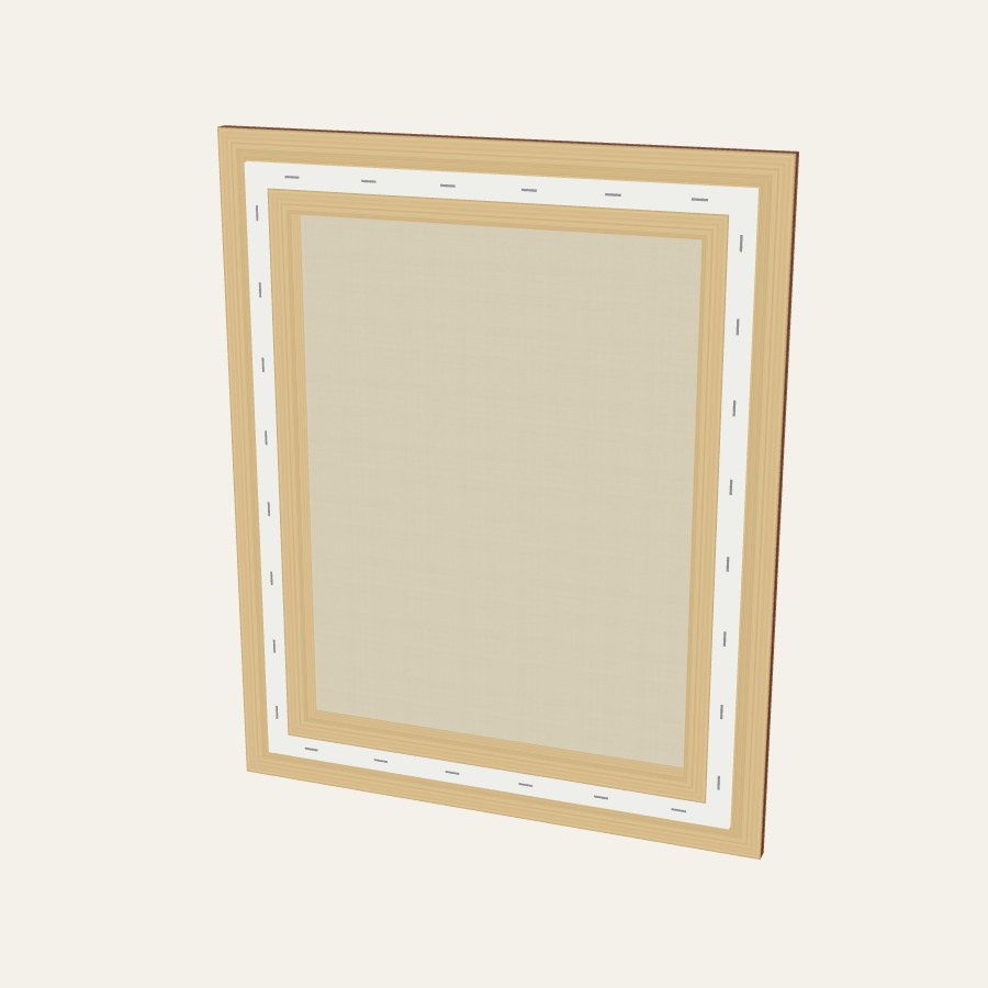The back of a canvas picture frame showing a stretched canvas with its folded edge, staples and stretcher bars