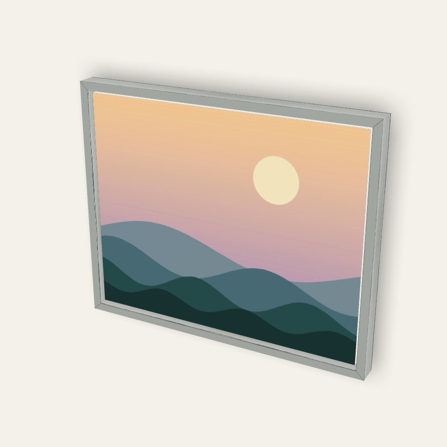 A canvas in a silver floater frame, shown at an angle