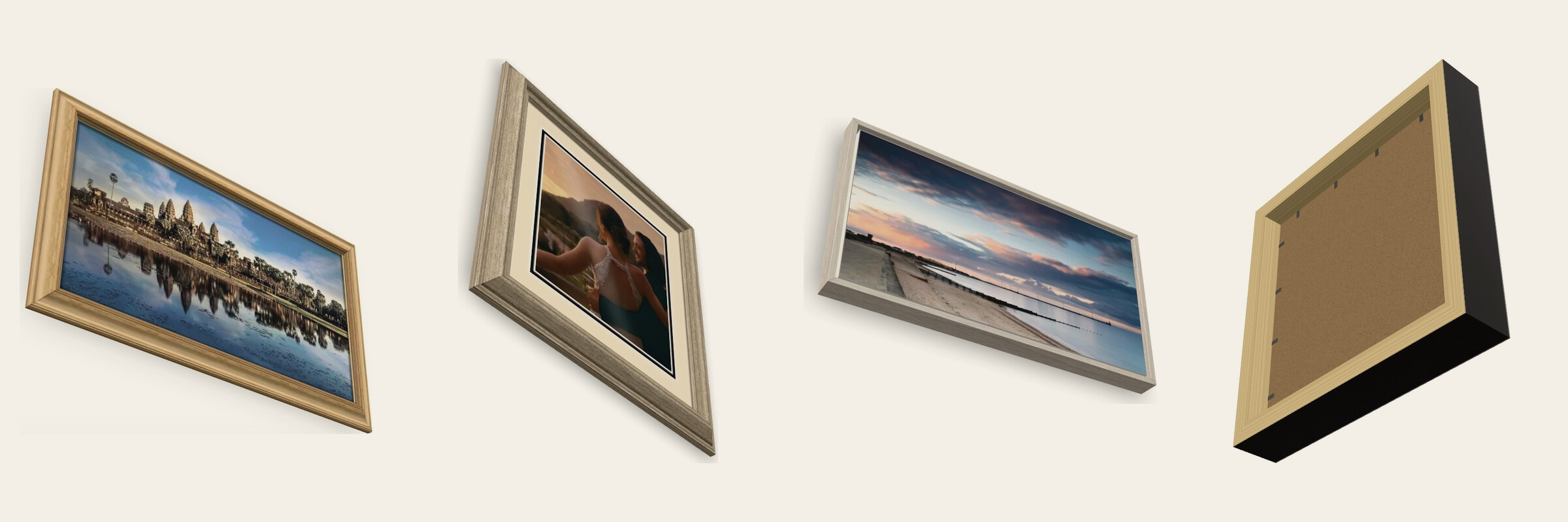 Four picture frames shown as 3D models at different angles, one of them from behind