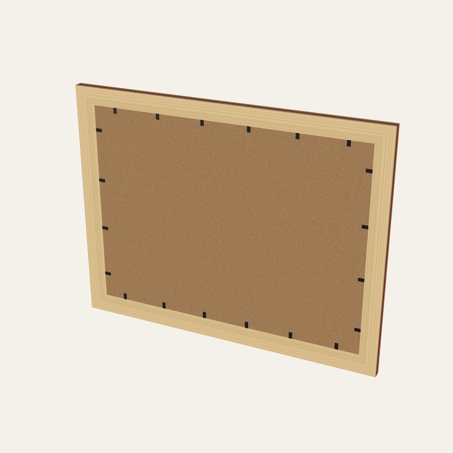 The back of a picture frame: a natural wood border round an MDF backing board held by black tabs