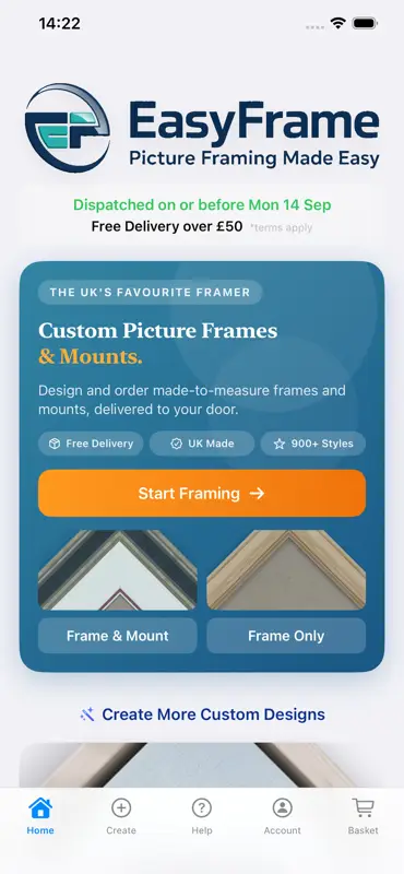 The EasyFrame app home screen, with a Start Framing button and Frame & Mount and Frame Only options
