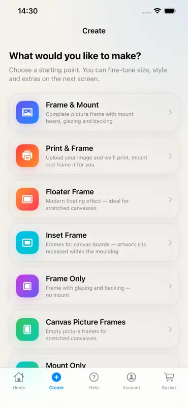 The EasyFrame app Create screen, with Frame & Mount, Print & Frame, Floater Frame and other starting options
