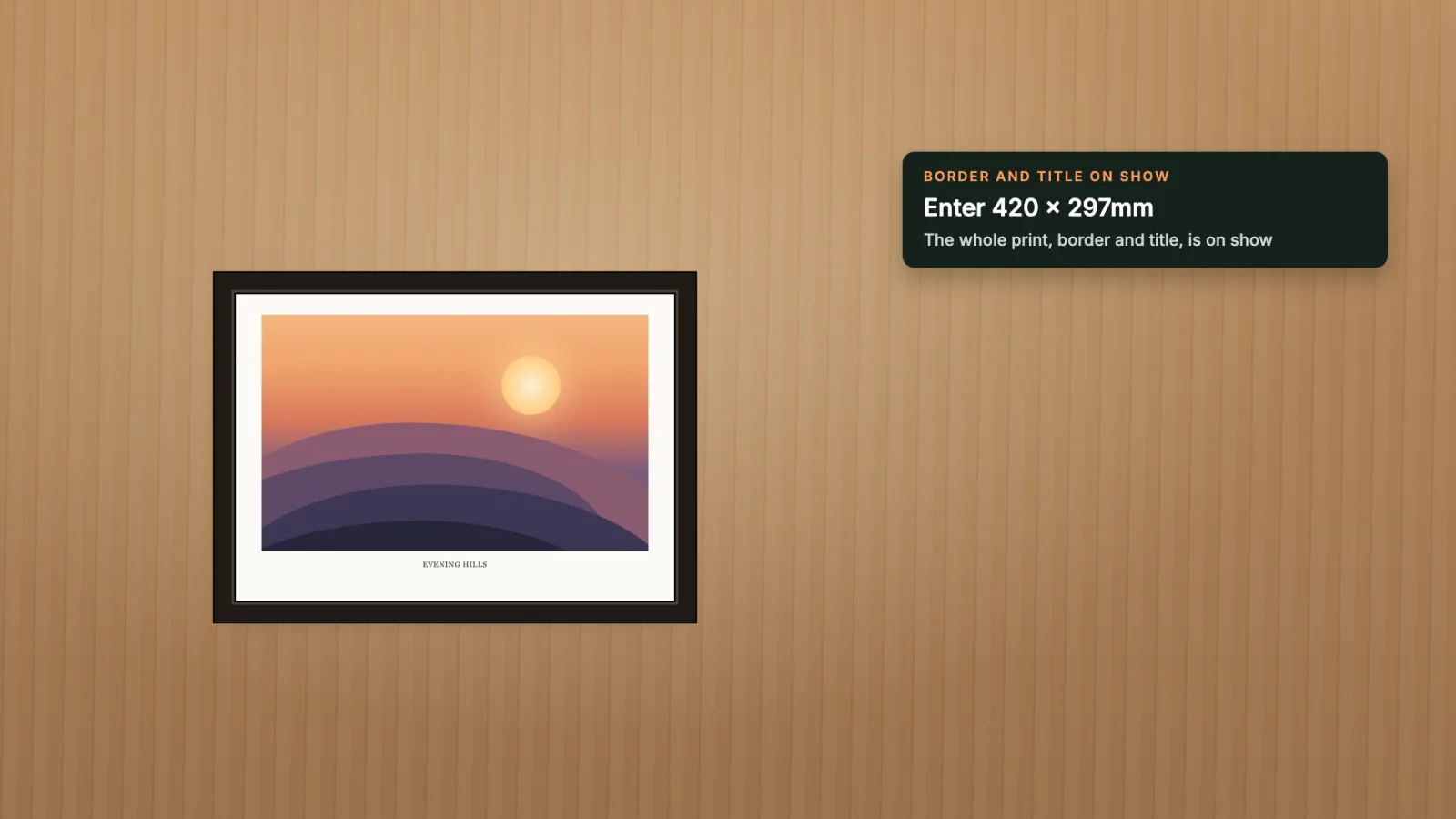 The print in a frame, with its border and title on show.