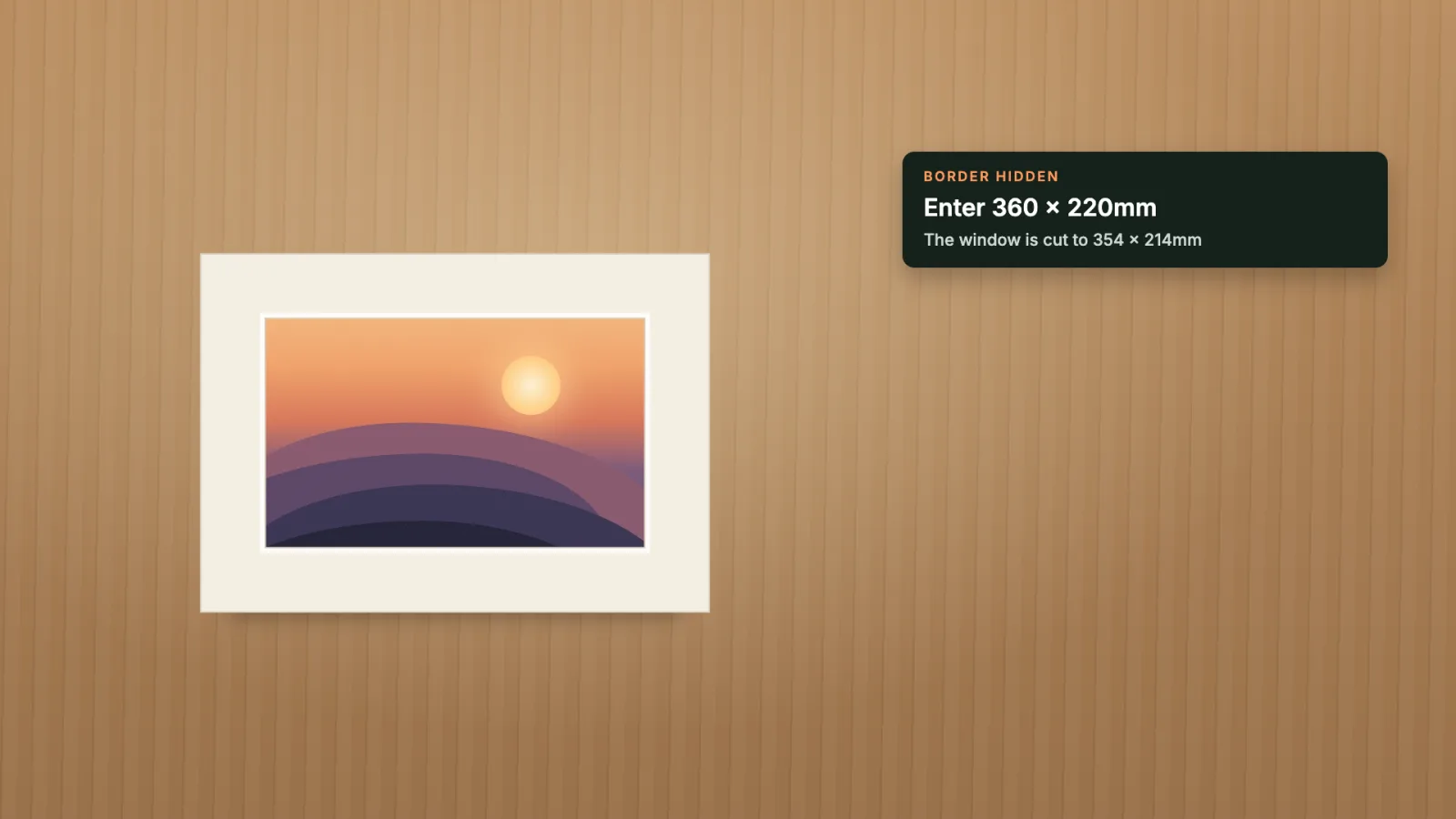 A mount over the print, its window just inside the image, hiding the border.