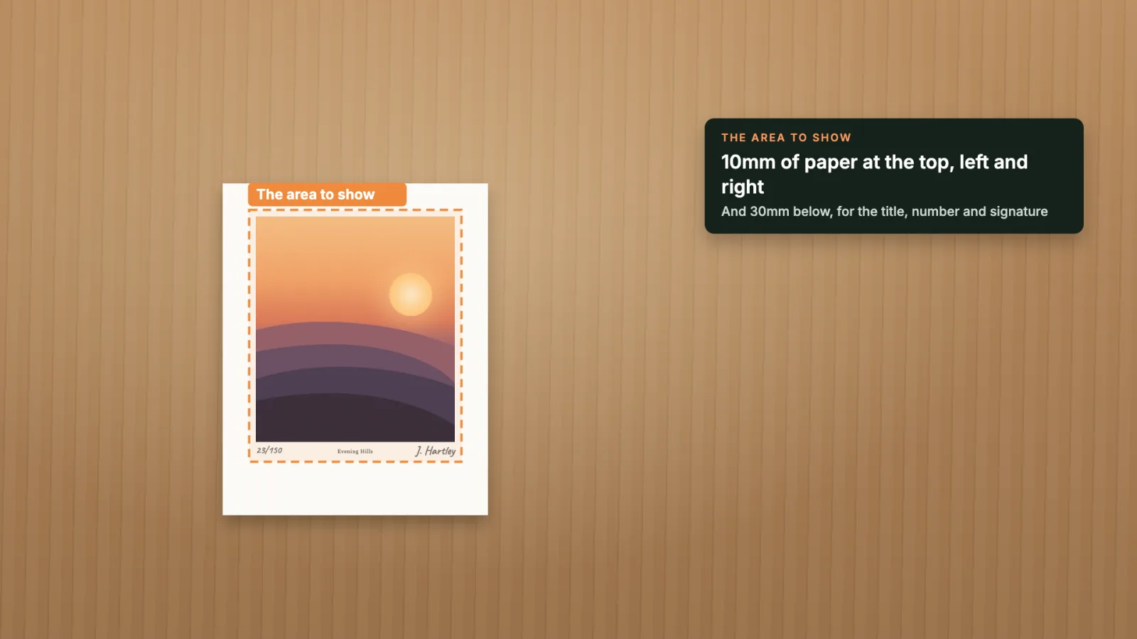 The area to show outlined: the image with 10mm of paper at the top and sides, and 30mm below.