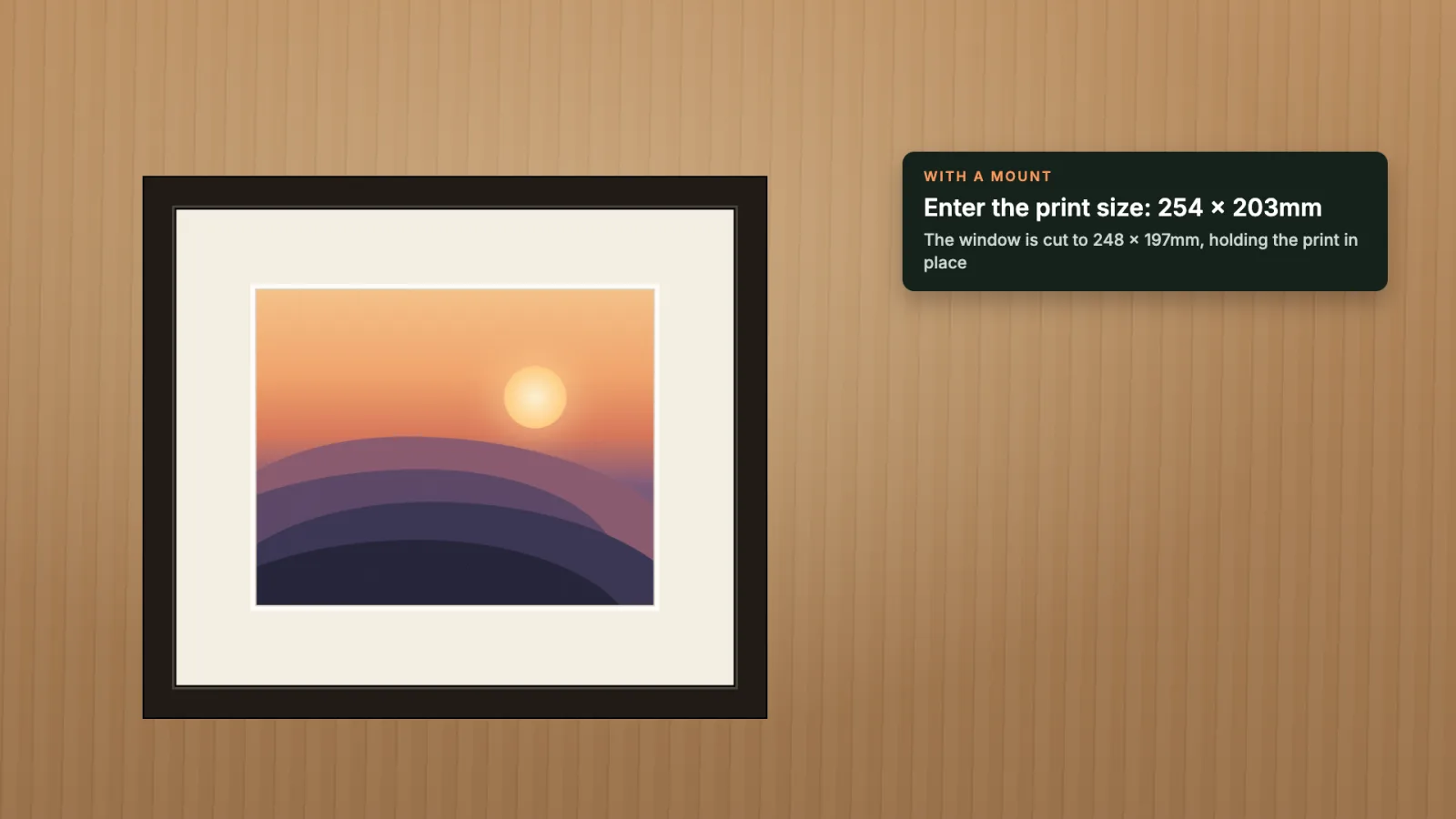 The photo in a mount and frame, the mount just over its edges.
