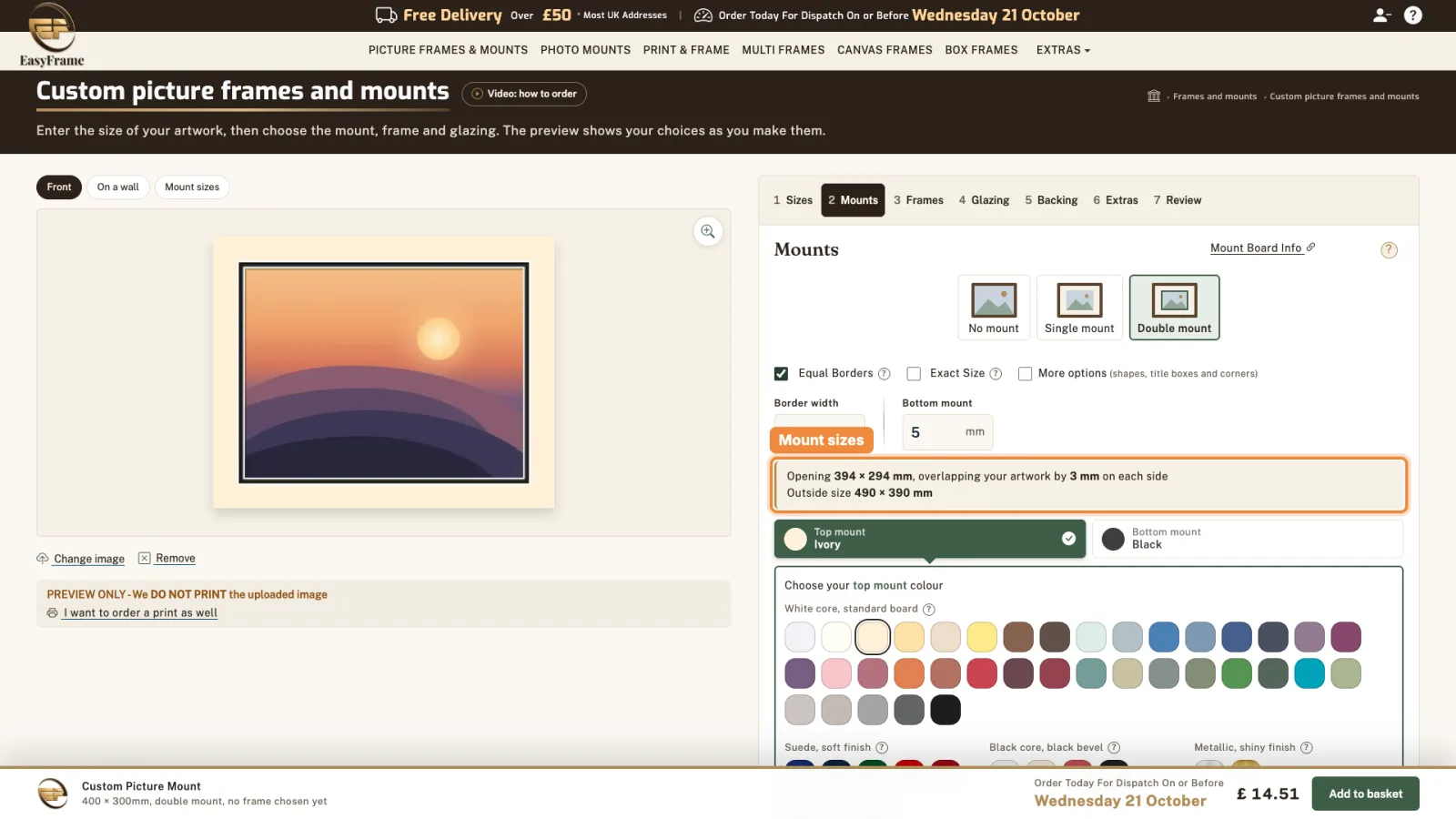 The mount size box highlighted: opening 394 x 294mm, overlapping the artwork by 3mm on each side; outside size 490 x 390mm.