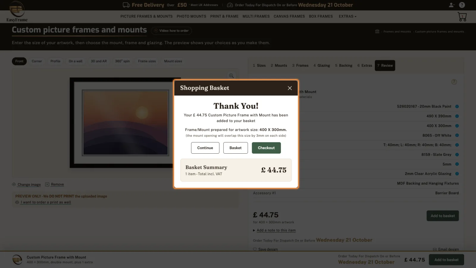 Shopping Basket confirmation: 44.75 pound Custom Picture Frame with Mount added, prepared for artwork size 400 x 300mm.