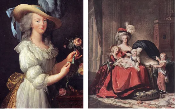 Left is �Marie Antoinette in a Muslim dress� (considered at the time to be slumming it a bit). And right is �Marie Antoinette with Her Children� (one of whom is pointing to an empty cradle, a reminder to the viewing public that she�d lost a child and that royalty are not spared human anguish.   