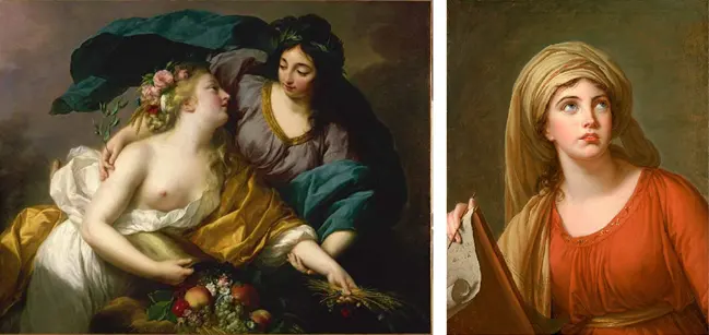 
Left: �Peace Bringing Abundance� which was the work that Marie Antoinette championed in order to get the artist admitted to the Royal Academy (it had to be given a special category, and arguably it was wrong to pretend that all was well with a world that was on the brink of revolution sparked by a lack of abundance). Right: �Cumaean Sibyl� (she was a Greek prophetess) which incorporates the head of Emma Hamilton, who was a little notorious for her adulterous affair with the British naval hero Admiral Lord Horatio Nelson . Arguably anybody who could really see the future for France at this time would be looking in horror through their fingers.
