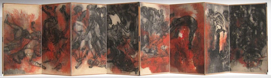 Iri and Toshi Maruki�s �Fire� (1950), the 2nd of 15 so-called �Hiroshima Panels�. Presented folded rather than flat.