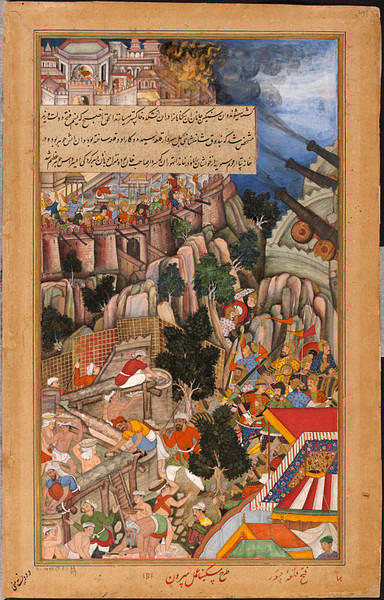 Miskina and Bhura�s opposite page from the Akarbarnama featuring the work of sappers at the same siege.