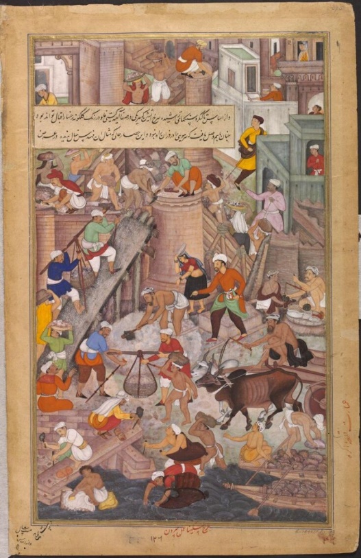Miskina�s work depicting the building of the fortress at Agra. He composed it. Sarwan painted in the details.