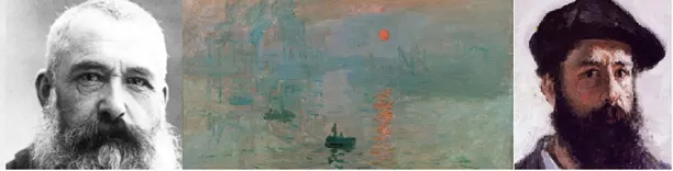 Oscar-Claude Monet, as he was and as he saw himself, together with his 1872 painting �Impression�, an interpretation of his hometown Le Havre. This painting kicked off the impressionist era, with everybody else pretending that they were colour-blind too. 