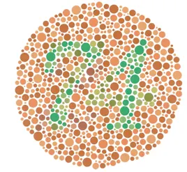This is a typical Ishihara colour test-plate, part of a diagnostic test used around the world. If you see a �74� then your colour-vision should be normal. If you are pretty colour-blind then you�ll see a �21�. But if you see no number then you�re reassuringly as useless as me.