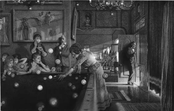 It is not known whether Peter Milton was aware, when he painted this piece, of commentator Ted Lowe�s famous remark on an early edition of �Pot Black� that: �Steve is going for the pink ball � and for those of you who are watching in black and white, the pink is next to the green�.
I�m sure you�re going to ask. Yes it was Stever Davis against Ronnie O�Sullivan in the 1985 final of the world championships at The Crucible in Sheffield.
