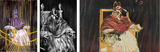 Left: Bacon�s �Screaming Pope�. Centre: a 2nd study after Vel�zquez. Right: study for a portrait of Pope Innocent X.
