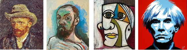 Far left: Van Gogh�s �Self-Portrait with a Felt Hat�. Divisionist. Centre left: Henri Matisse�s �Self- Portrait with a Stripey Shirt�. Fauvist. Centre right: Picasso�s �Self-Portrait�. Cubist. Far right: Andy Warhol�s �Self-Portrait�. Pop art. 