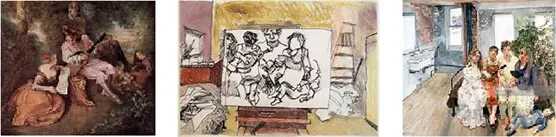 
Freud�s �Large Interior After Watteau� was apparently inspired by Antoine Watteau�s work (see left) and the central image here shows how Freud used to start with a charcoal drawing then go from there, finishing with the completed work (see right).
