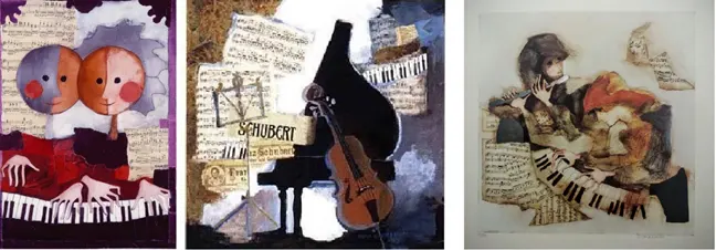
Before you�re turned off by the idea of an Austrian Beryl Cook and her cats, Wachtmeister isn�t a one-trick pony. She clearly has a love of music and musical instruments. And an ability to create fascinating montages that can incorporate fine art or even nods to surreal influences.
