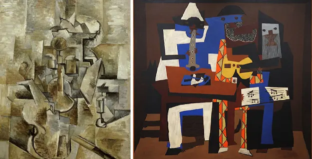 Confused? George Braque�s �Violin and Pitcher� (1910) left is an example of �analytical cubism� whilst Picasso�s �Three Musicians� (1921) right is an example of �synthetic cubism�. For more information see www.differencebetween.com/difference-between-analytical-and-synthetic-cubism/ 