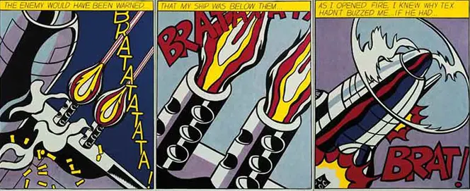 As I Opened Fire is Lichtensteins escapist homage to aerial combat. The truth is that, although he was in the US Army for 3 years and sent for pilot training, the program was cancelled and he never saw action in the skies though he was sent to Europe in 1943 and saw it on the ground. 