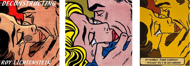 Left to right are the cover from Deconstructing Roy Lichtenstein by David Barsalau, Roy Lichtensteins work Kiss V, and an album cover for a band called Elsinore created by Brittany Pyle who argued with Lichtensteins estate that she used the original work by Barsalau and not Lichtensteins rip-off of Barsalaus work.