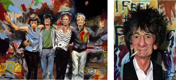 Left is Ronnie Wood�s own work, �Forty Licks�, beaturing �The Boys� (combined age 294). And right is Ron Wood as depicted by fellow artist Rodney Pike.