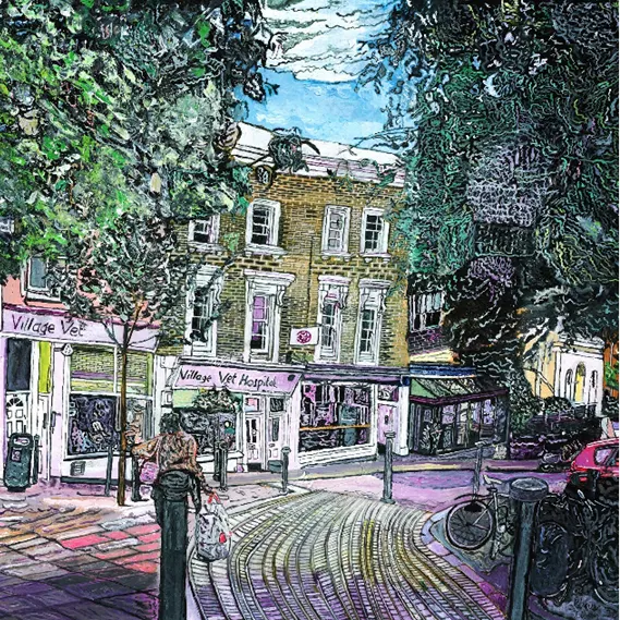 Typically works like this, of Belsize Village�s vet hospital, are executed in acrylic on canvas paper and measure 508 x 405mm. They�re not small and, once robustly framed in keeping with their projected value, are imposing too. 