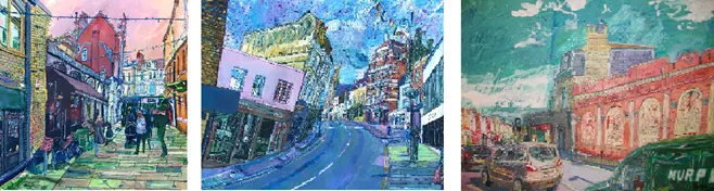 
Like the original impressionists, Oliver paints ordinary subjects such as Kentish Town Underground Station, Hampstead High Street and Beklsize Park�s Budgen�s supermarket.
