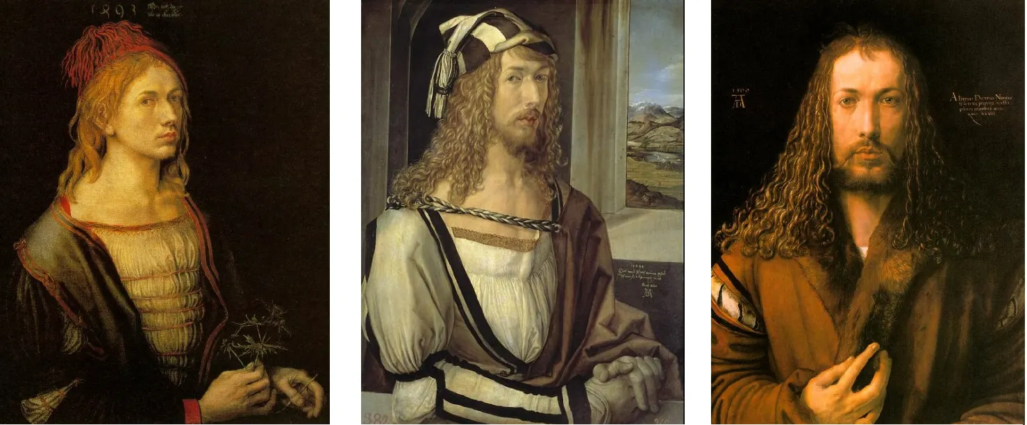 Albrecht D�rer as he saw himself at 22, 26 and 28. The last of these bears some similarity to our perceptions of the looks of Jesus Christ, which might well have been gratuitously provocative at the time. It was another 20 years before D�rer met Martin Luther and the men became friends, but the artist surely knew that he risked antagonising the Vatican. This pushing of the boundaries, though, was all part and parcel of the Renaissance.
