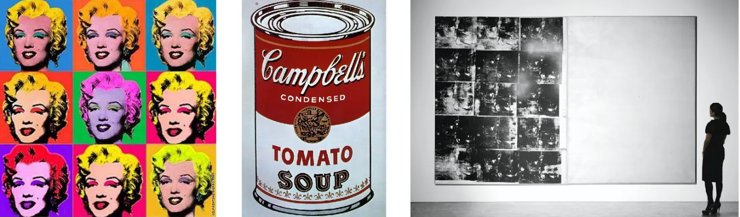 Warhol produced numerous versions of such images but here are his takes on Marilyn Monroe, Campbell�s tomato soup and �Silver Car Crash (Double Disaster)�.