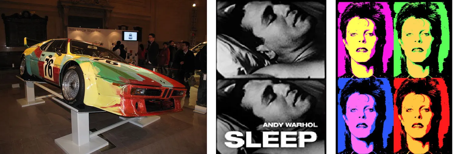 Andy Warhol�s 1979 BMW Group 4 MI, a poster advertising his 5-hour-12-minute documentary �Sleep�, and a question to ponder. Who created this Warhol-like image of David Bowie?