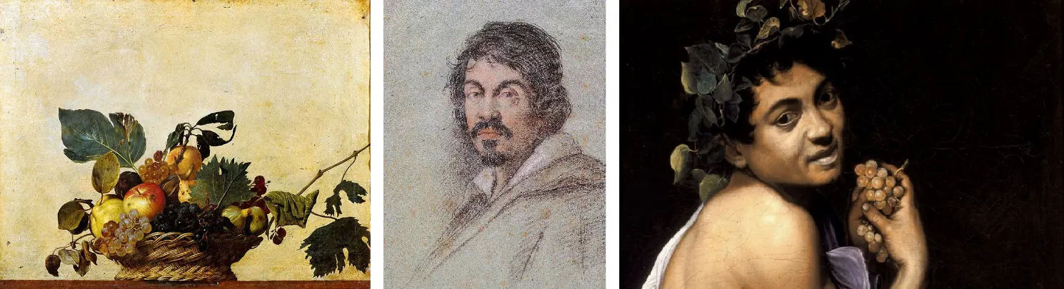 Left is �Basket of Fruit�, painted by Caravaggio when he was about 25. Then centre is a portrait of him by Ottavio Leoni (drawn a decade after Caravaggio�s death from memory, assumedly). And then on the right is the �Sick Bacchus� painting believed to have been a self-portrait.