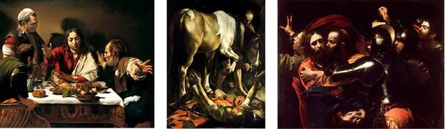�Supper at Emmaus�, �Conversion on the Way to Damascus� and �The Taking of Christ� all provide evidence of Caravaggio�s unprecedented approach to realism and use of light.  Yet see how in the last of these the light-source is subtle; there are no sharp beams. It�s clever stuff!          
