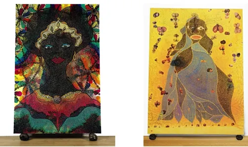Chris Ofili�s work �Orgena� (which won the Turner Prize and was sold for �1.8m) amd �Holy Virgin Mary�  (which perhaps understandably upset a lot of Americans and sold for �2.9m), both mounted on elephant dung.