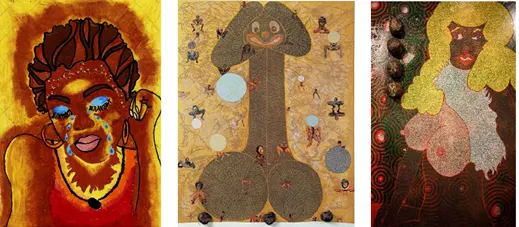 From left to right are Chris Ofili�s works �Sex in the Narrative�, �Male Female Other� and �Night and Day�..