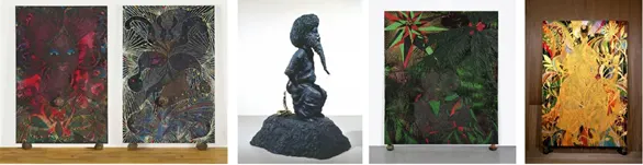 Chris Ofili�s work depicts his rich cultural heritage. He doesn�t just paint either.  There�s some modelling too (apart from the elephant-dung feet).