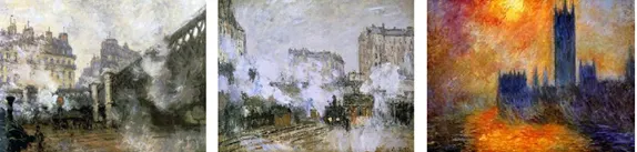 Left to right are �Le Pont d�Europe, Gare Saint-Lazare�, �Ext�rieur de la Gare Saint-Lazare�, �La Gare Saint-Lazare, Arriv�e d'un Train� and our own �Houses of Parliament�. 