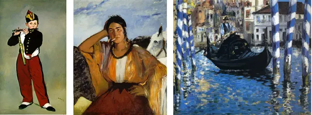 
Manet flanked by, to the left, �Un bar aux Folies Berg�re� and, to the right,� Le D�jeuner sur l'herbe� � probably his two most famous works.
