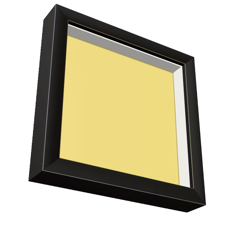 A white box frame with a deep black spacer round the inside and the picture set well back